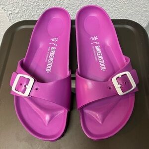 Birkenstock Pink/Purple Slide Sandals with White Buckle